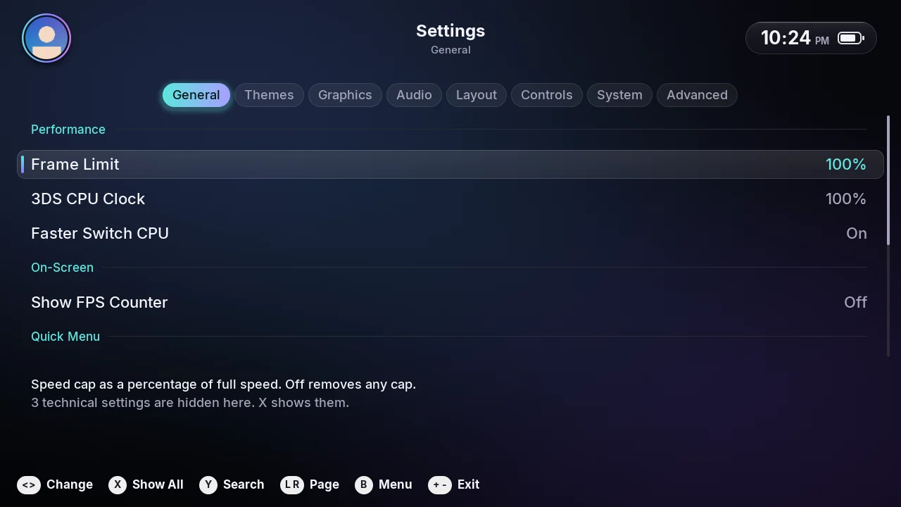 EmuSwitch's Settings, with the main settings on each page.